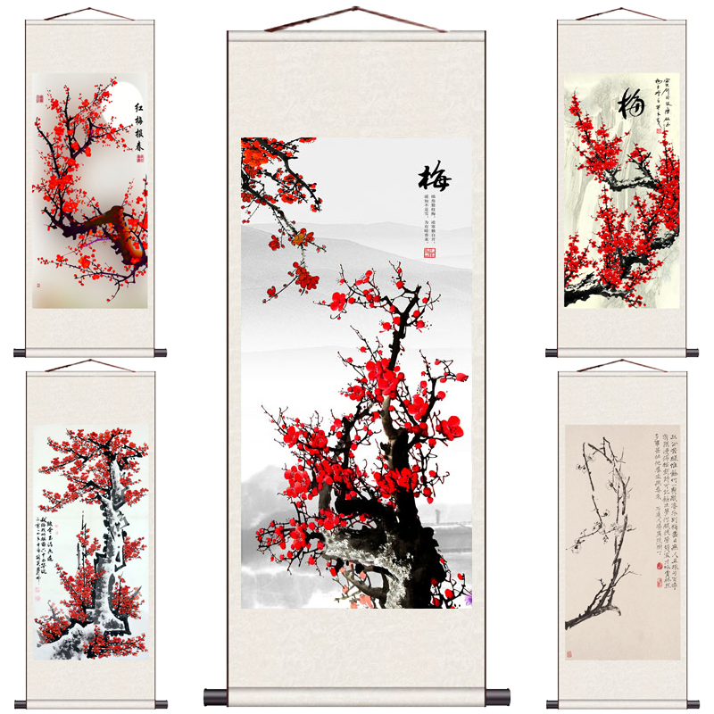 红梅报春卷轴画丝绸m画腊梅图花鸟画绢画宣纸仿古挂画国画高清微