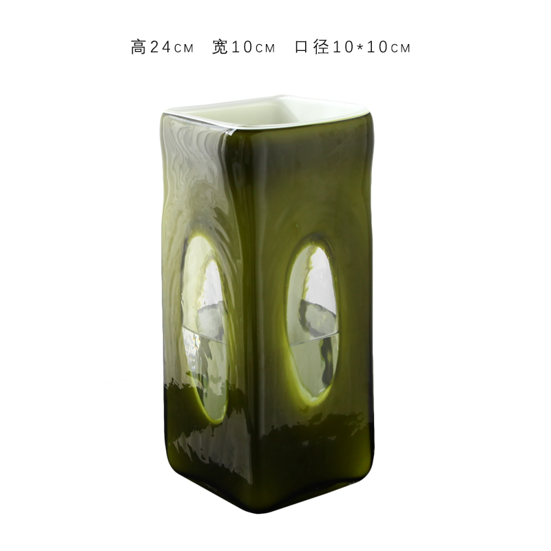 法式中古玻璃f花瓶高级感客厅装饰摆件方形绿色水培插鲜花复古花