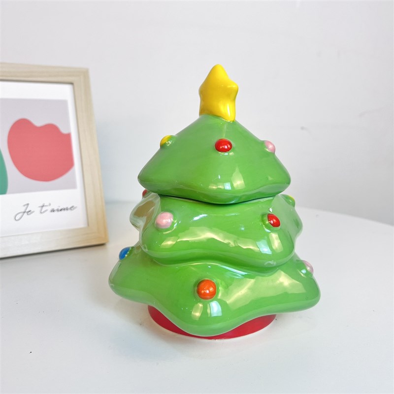 北欧风圣诞树摆件陶瓷收纳罐糖果罐摆件桌面绿色手工卧室小众