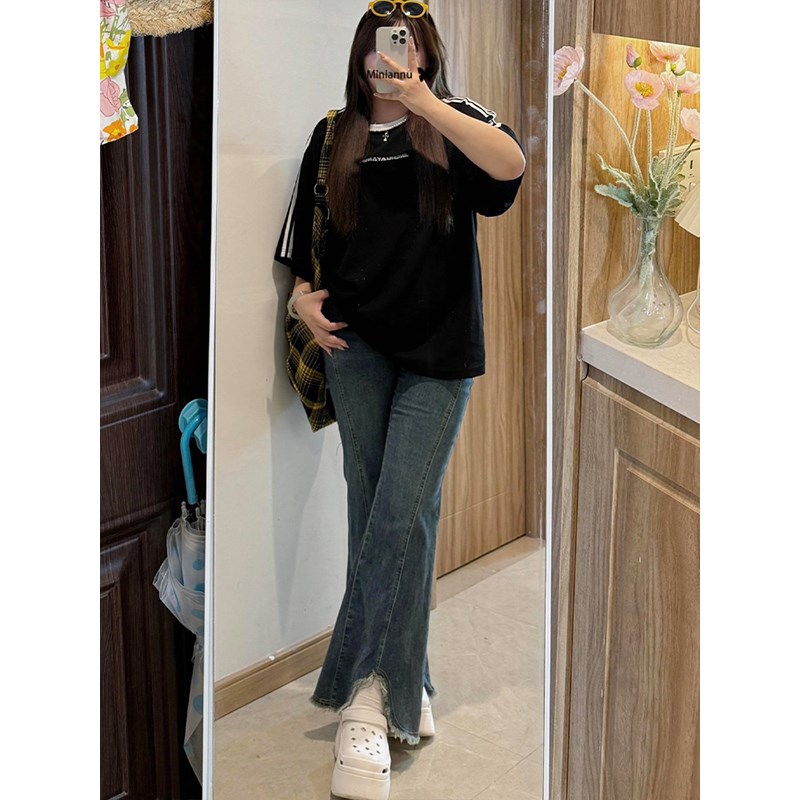 300斤大码女装复古开叉微喇牛仔裤女夏季胖mm高腰显瘦阔腿长裤子