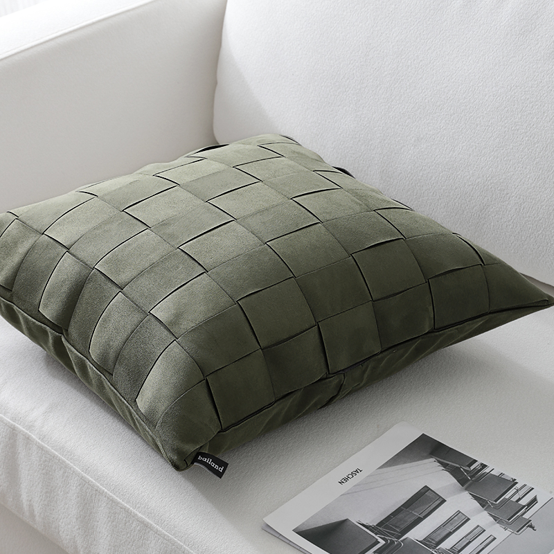CS042橄榄绿皮绒手工编织格子北欧简约沙发抱枕靠垫样板间腰枕套