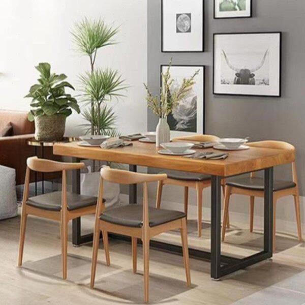 北欧风铁艺实木餐桌家用咖啡厅食堂饭店烧烤店长方形餐厅桌椅组合