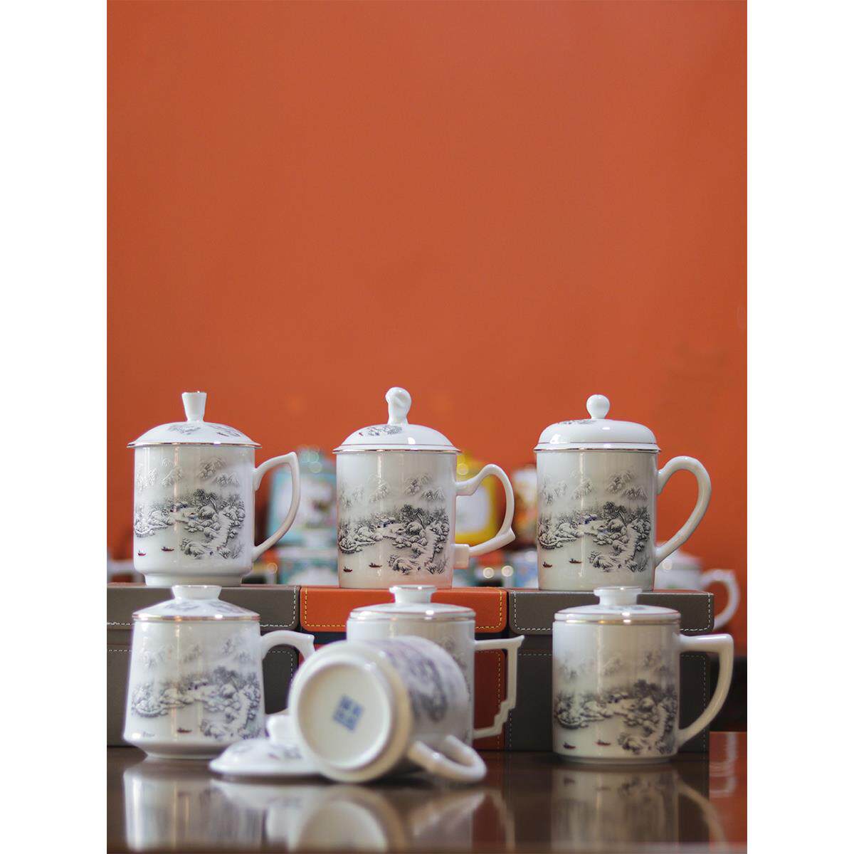 景德镇白瓷过滤茶杯会议办公室水杯雪景带盖茶水分离家用陶瓷套装