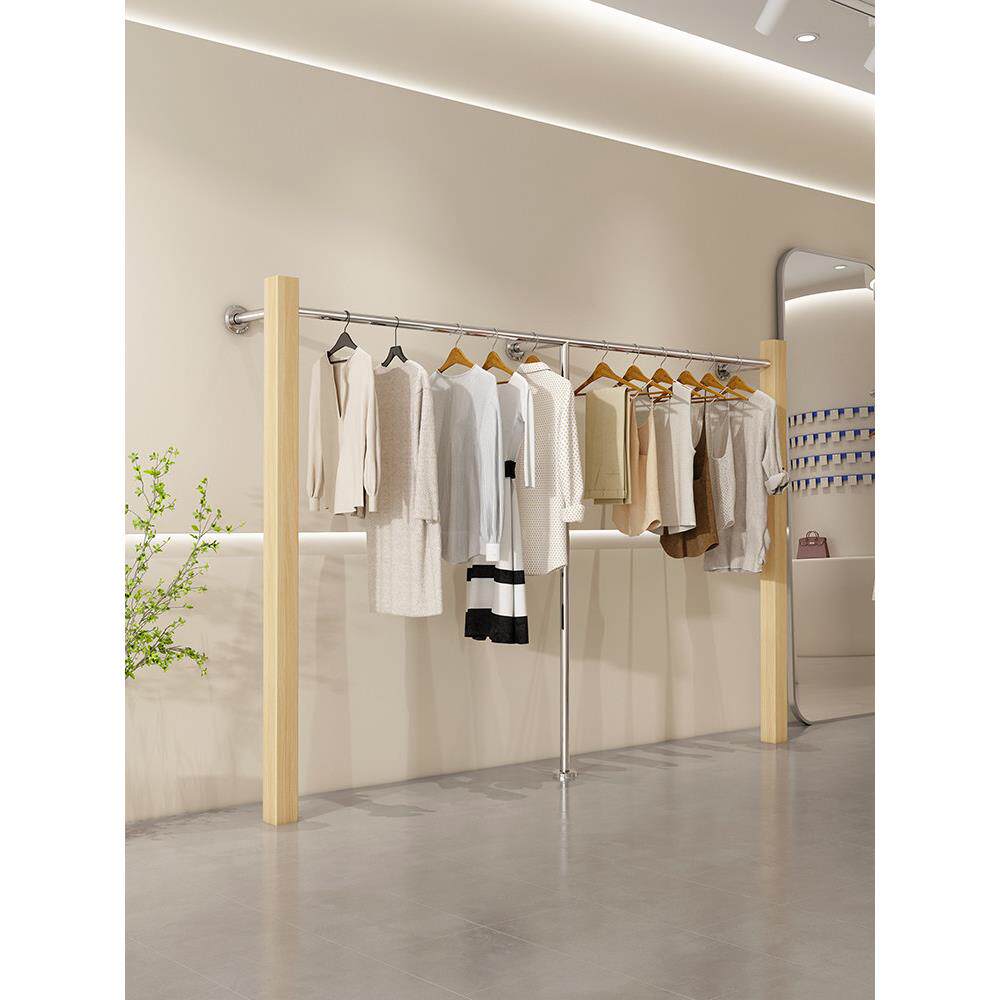 服装店上墙展示架落地女装店货架专用挂衣架不锈钢胡桃木挂杆实木