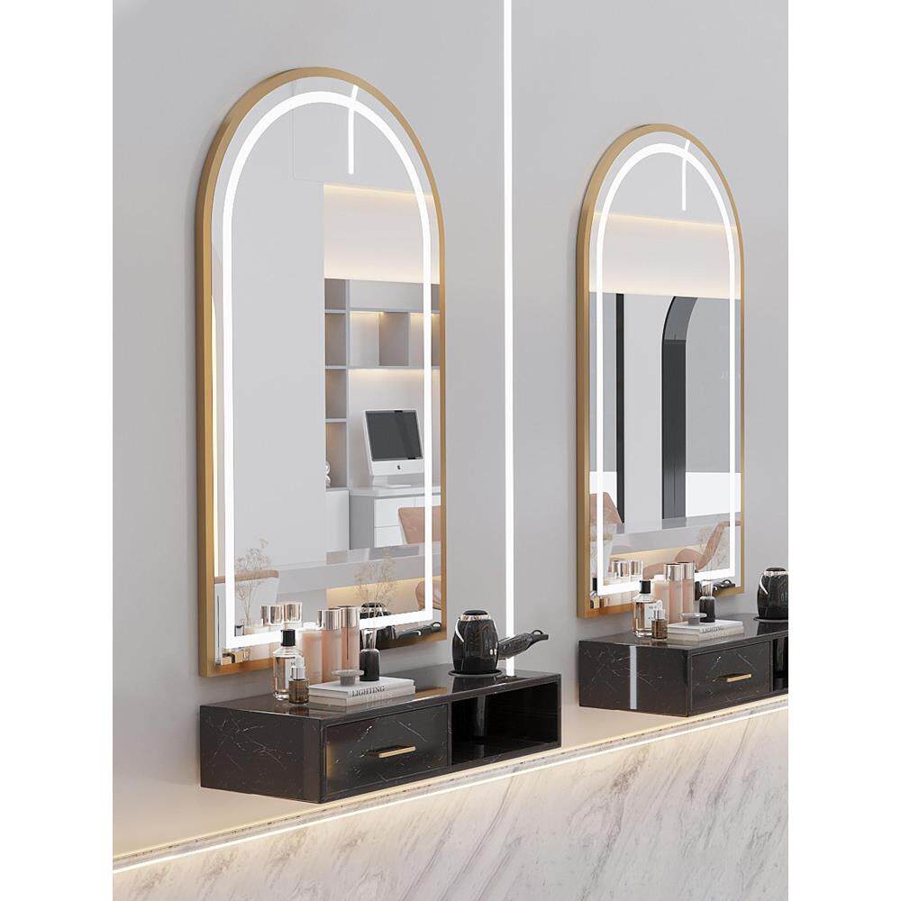 理发店镜台圆镜子理发店镜子柜子一体挂墙美发店带灯壁挂烫染镜子