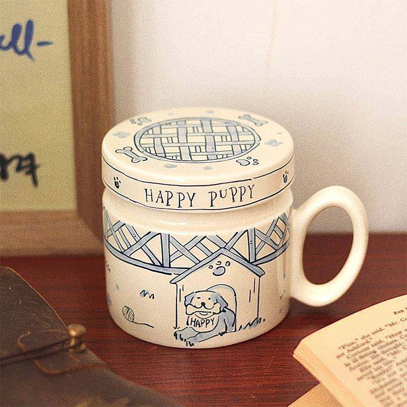 胡桃集市 ins美式覆古小狗马克杯带盖子防尘杯咖啡杯下午茶杯陶瓷,餐饮具,马克杯,淘宝优惠券,粉丝福利购,淘宝优惠卷
