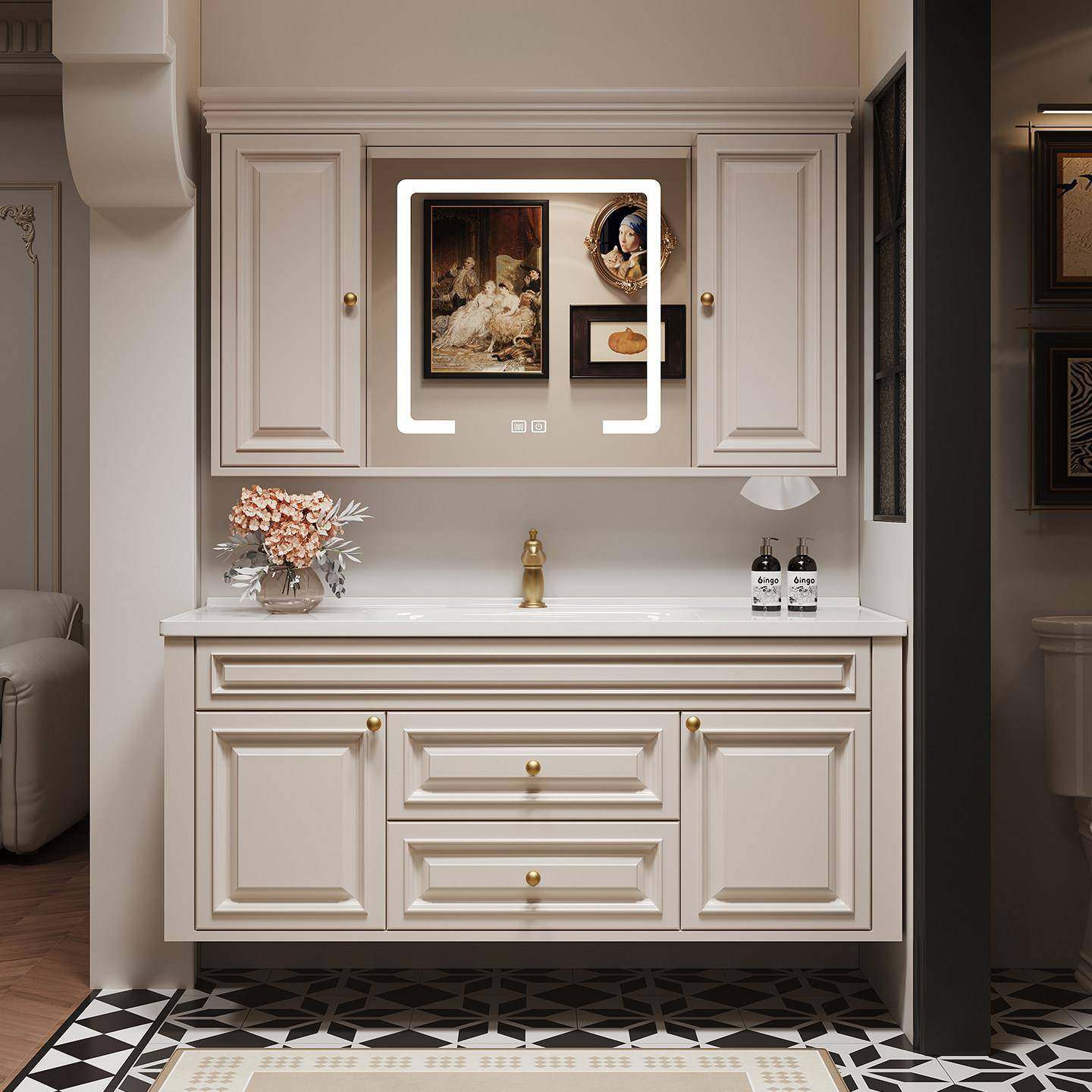 美式风水镜浴室柜组合卫生间一体陶瓷盆法式复古实木卫浴柜洗漱台