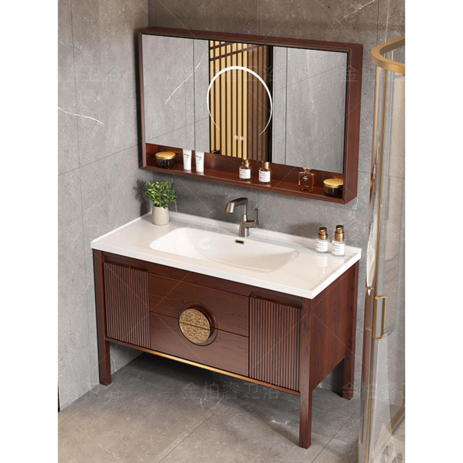 中式橡木浴室柜陶瓷一体盆2025新款落地式乌金木双盆洗手盆柜组合