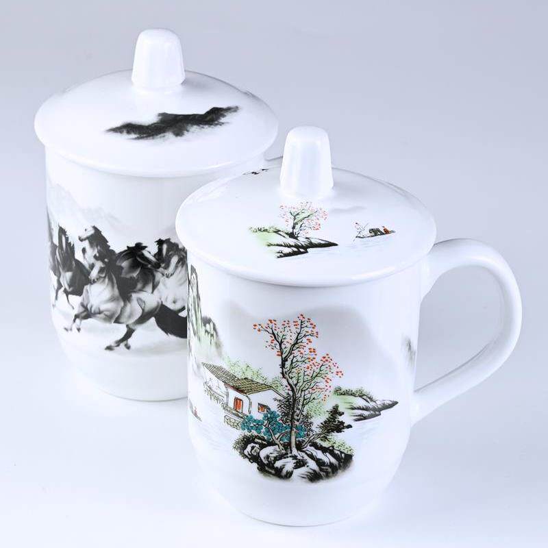陶瓷杯带盖子会议办公室家用简约中式青花瓷陶喝水杯酒店茶杯定制