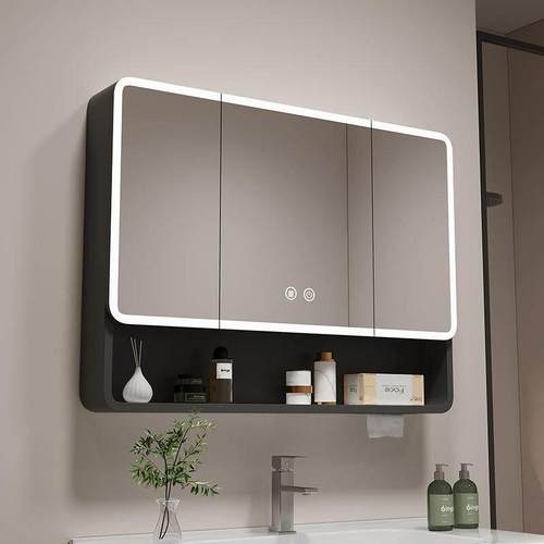 太空铝圆弧形浴室镜柜卫生间智能灯光储物柜挂墙式带美妆镜抽纸孔