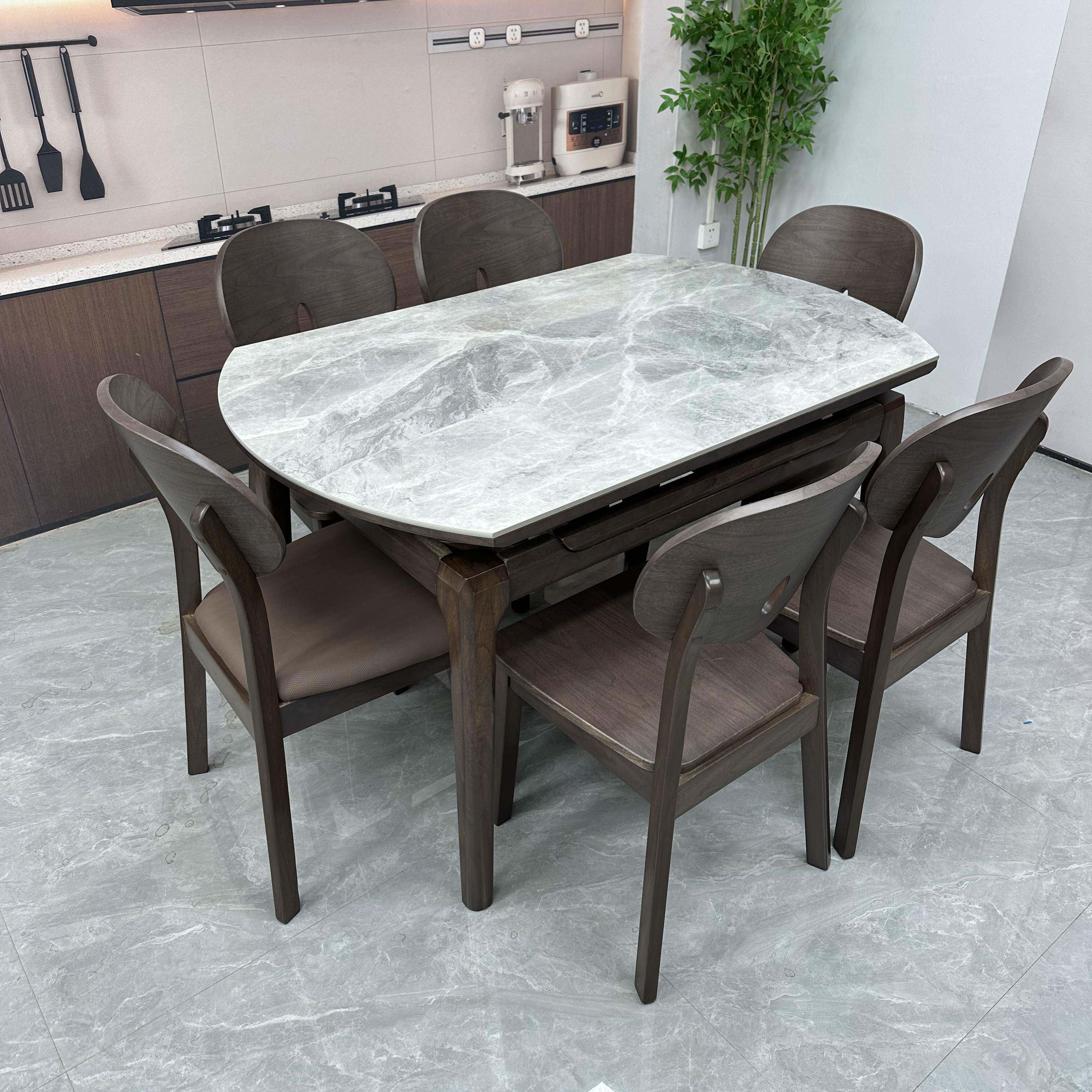 北美黑胡桃木岩板实木餐桌椅组合可伸缩家用小户型折叠可变圆桌子