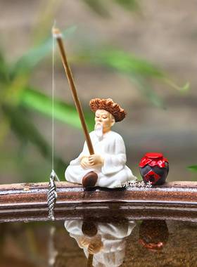 白衣姜太公钓鱼小摆件渔夫渔翁垂钓中式鱼缸鱼池假山流水造景装饰