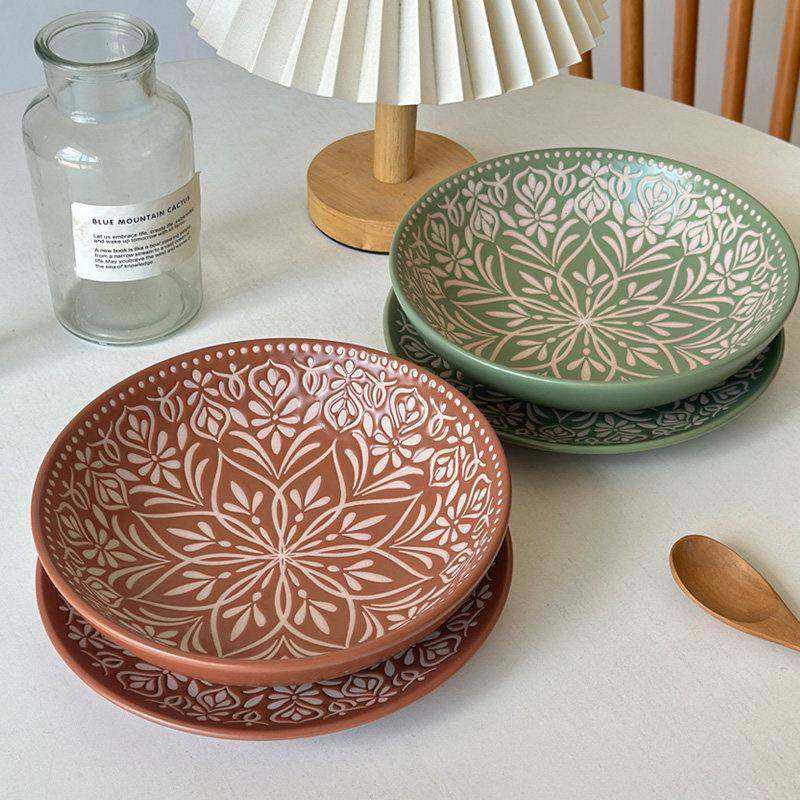 枫浦家~浮雕设计款ins风陶瓷深汤盘沙拉碗家用高颜值甜品盘菜盘子,餐饮具,盘,淘宝优惠券,粉丝福利购,淘宝优惠卷