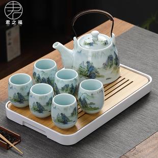 陶瓷大容量带过滤网提梁壶茶杯整套简约家用泡茶 影青茶壶茶具套装