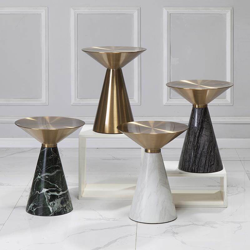 轻奢大理石边几不锈钢锥形沙发边桌家用移动小茶几镀金拉丝圆角几