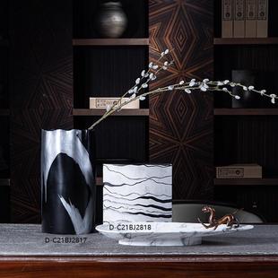 黑白条纹 饰现代风格 花器两件套组合摆件 会所装 创意曲影陶瓷花瓶