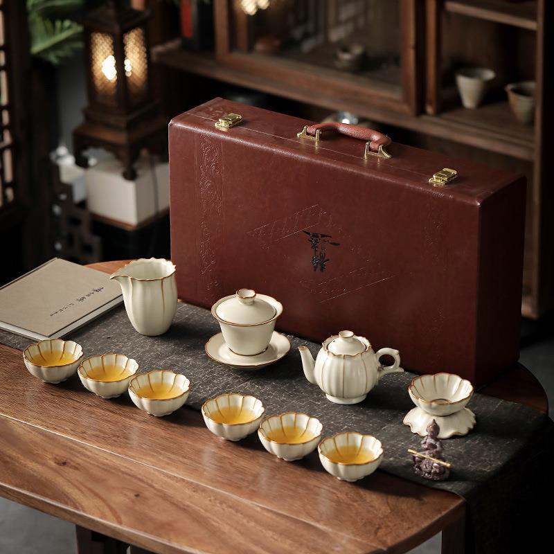 台湾柏韵汝窑功夫茶具套装金丝开片可养窑汝三才盖碗茶壶礼盒