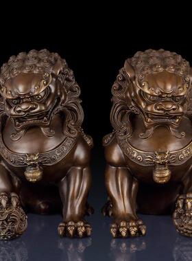 纯黄铜北京狮摆件铜狮子一对家居客厅摆件铜狮子装饰送老外礼品铜