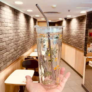 双层隔热b玻璃杯女生高颜值耐高温大容量吸管杯防烫办公室泡茶水