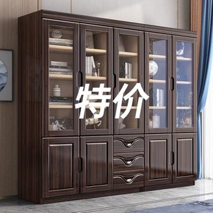 实木书柜现代简约家用书房收纳柜带玻璃门办公室文件储物柜 新中式