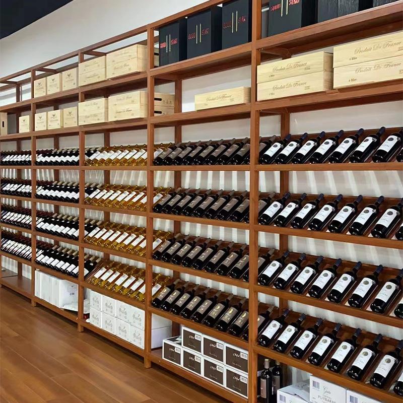 保税区名酒洋酒供销展厅货架铁印木纹平放斜放多层红白酒展示架