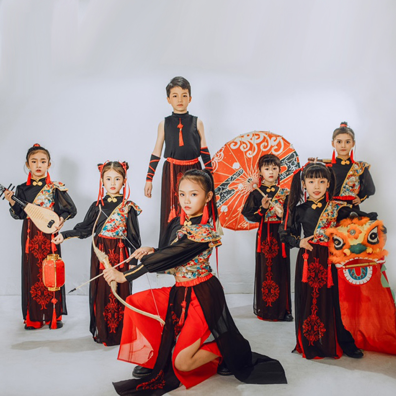 元旦儿童中国风爵士舞女孩走秀古筝演出服武侠旗袍古典男童表演服