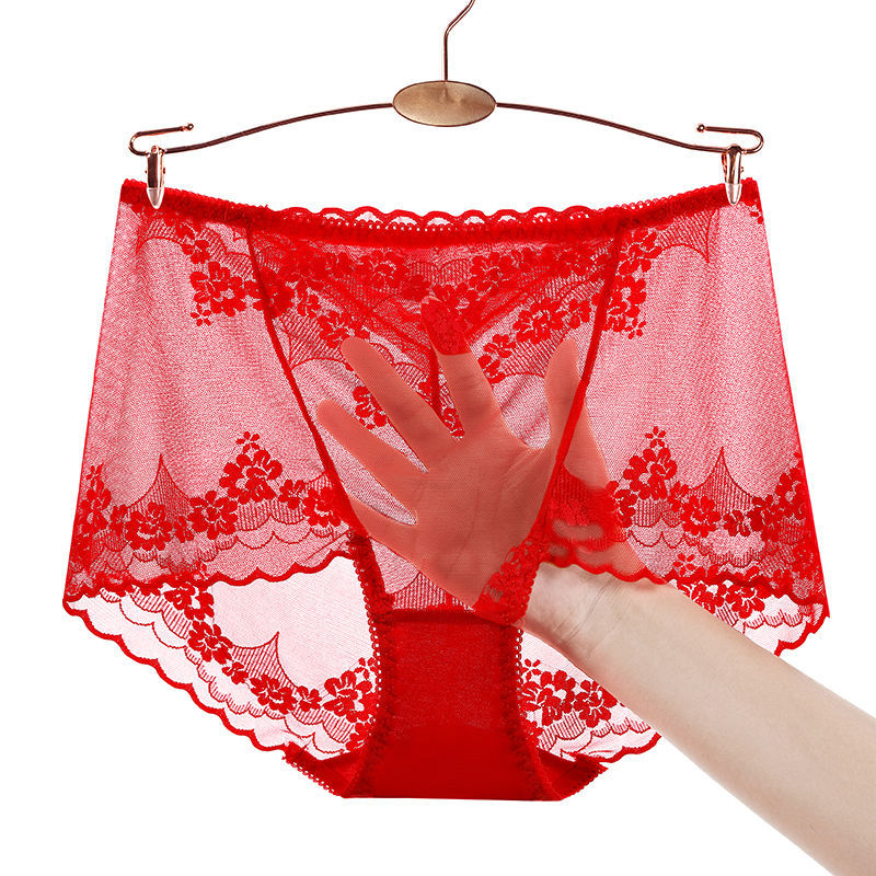 新款黑色中腰蕾丝内裤女纯棉底档无痕大码网纱透明迷人胖mm三角