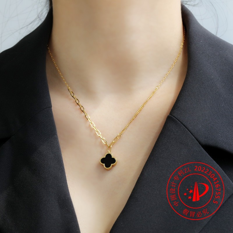 新款双面四叶草吊坠925纯银镶玛瑙项链女轻奢高级感毛衣链