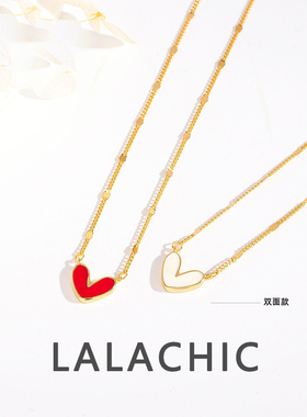 s925纯银爱心项链女韩版小众甜美双面红白心形锁骨链百搭简约银饰
