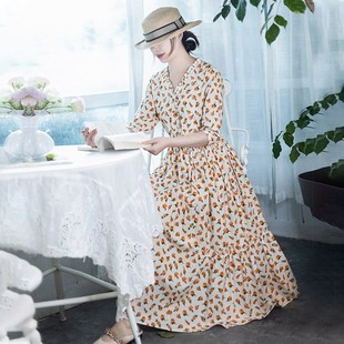 收腰七分袖 忆旧 纯棉碎花连衣裙女2024年新款 春季 长裙 初恋物语