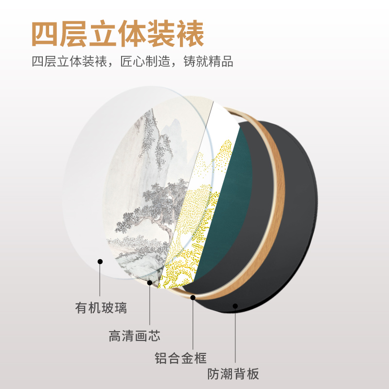新款挂在餐厅墙上的装饰画带时钟圆形组合荷花挂画新中式客厅壁画图片