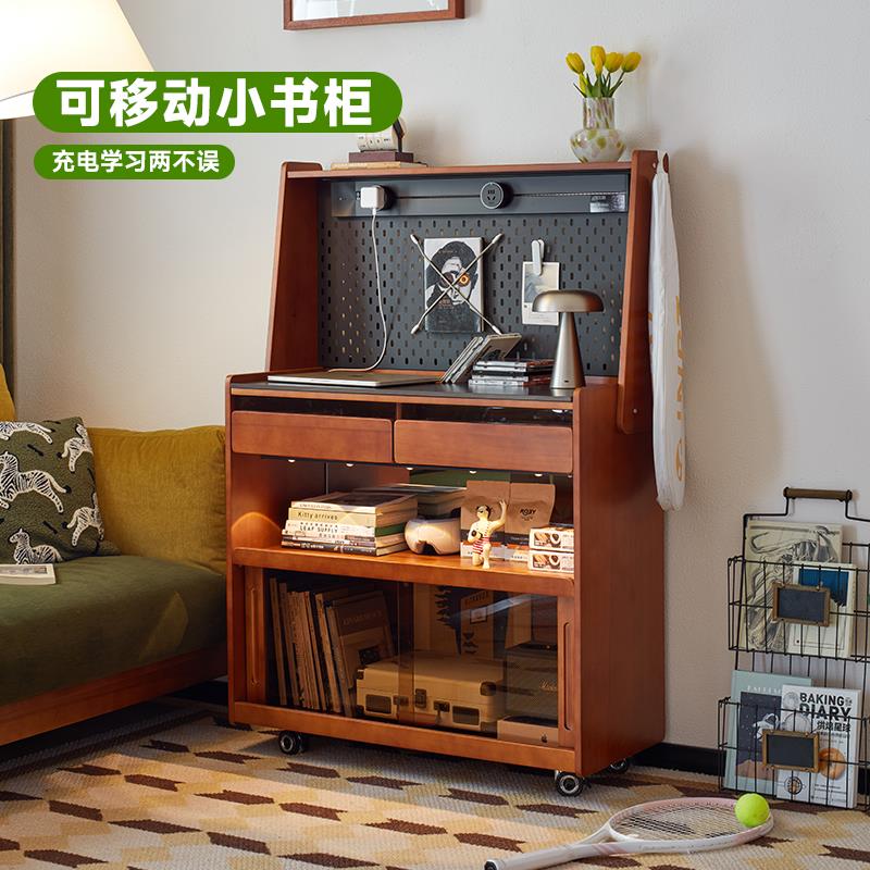 觅墨中古实木可移动餐边柜带轮沙发边柜一体储物柜酒柜咖啡茶水柜