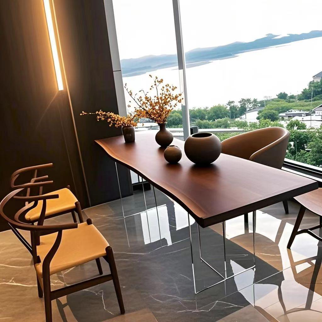胡桃木大板茶桌客厅家用亚克力悬浮书桌工作台阳台泡茶桌子自然边