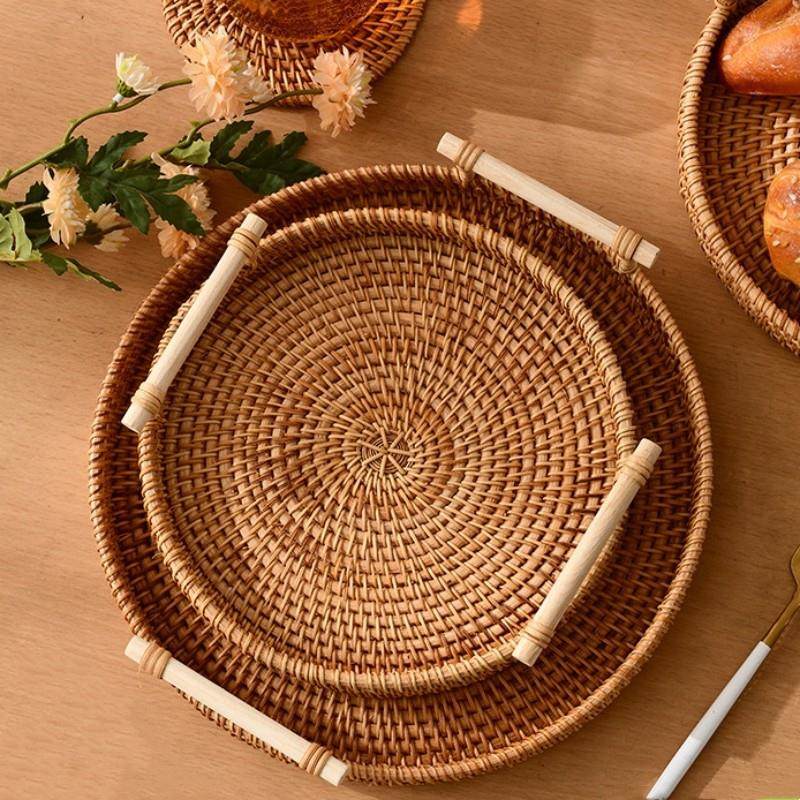 手工藤编圆形托盘双耳茶托盘水果盘面包零食篮子收纳编织篮,收纳整理,收纳筐,淘宝优惠券,粉丝福利购,淘宝优惠卷