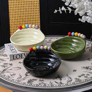 螺纹水果盘陶瓷带叉客厅桌面餐桌零食盘家用收纳高颜值创意果盘