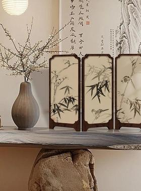 中古风墨竹小屏风桌面摆件新中式办公室茶桌玄关柜装饰品覆古摆画