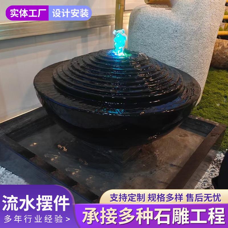 日式石钵黑山石水钵盆庭院流水景观禅意摆件新中式青石养鱼池石盆