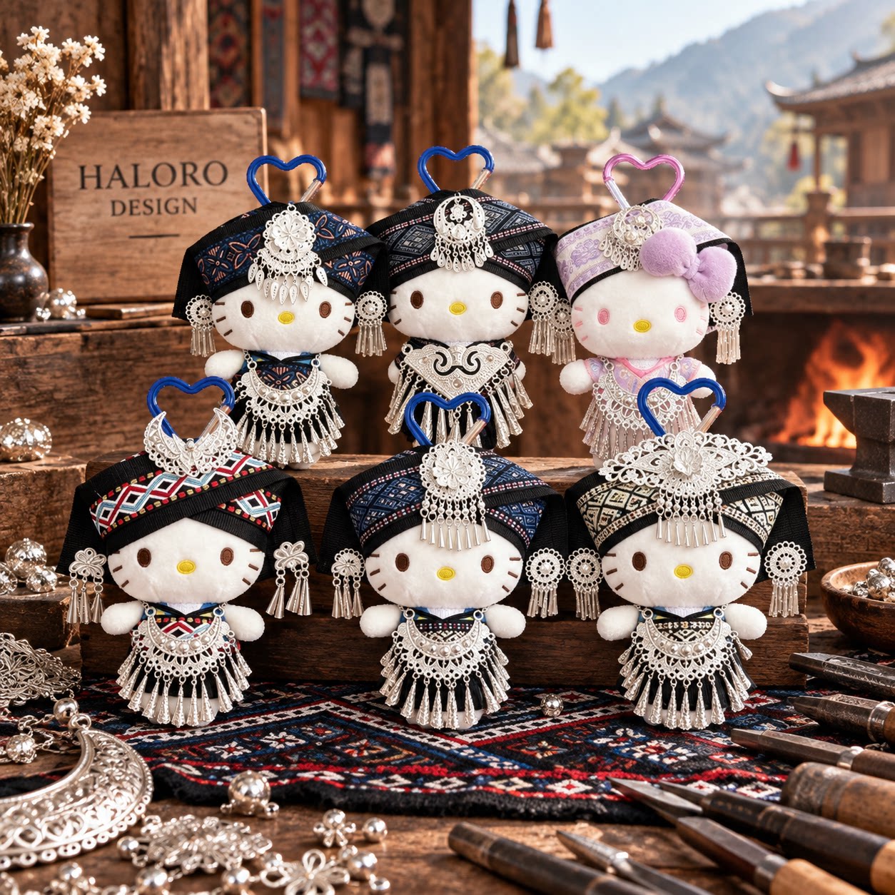 正版HelloKitty苗族民族风毛绒包挂件流苏公仔钥匙扣挂饰女生礼物