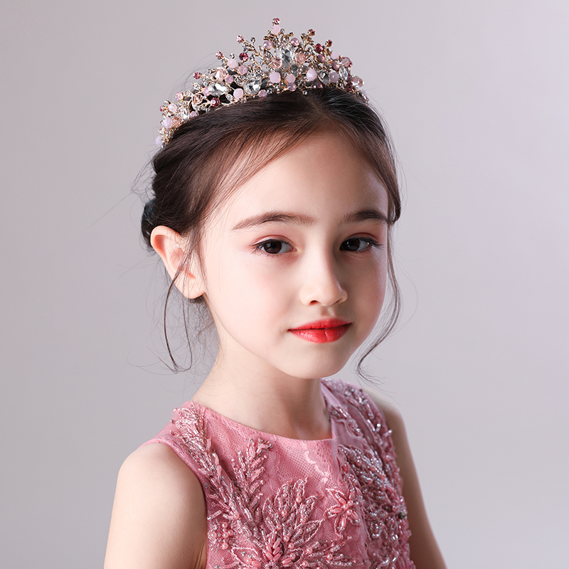 儿童皇冠头饰公主女童王冠水晶发箍小孩生日粉色圆冠走秀皇冠发饰
