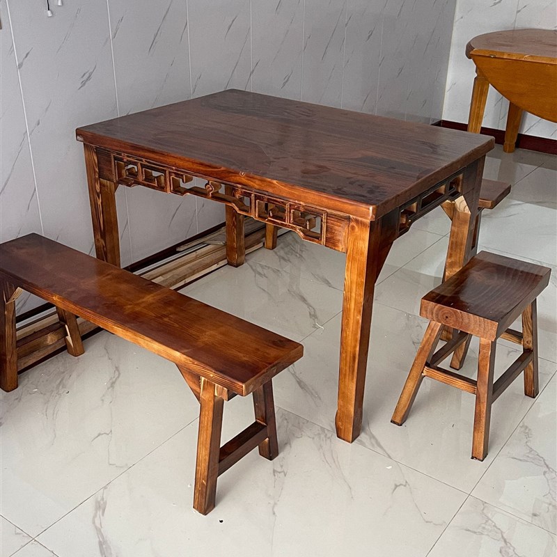 碳化实木饭店餐桌椅组合快餐店小吃餐厅餐馆烧烤面馆排档食堂桌椅