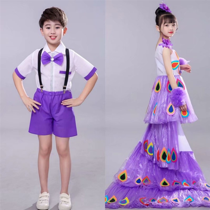 儿童环保服装亲子时装秀走秀幼儿园女孩diy手工材料创意孔雀裙