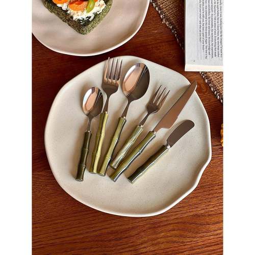 ins风绿竹节手柄304不锈钢刀叉勺高级感西餐餐具甜品牛排刀叉套装