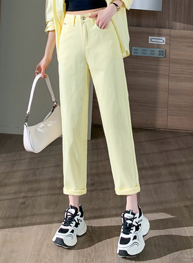 黄色裤子牛仔裤女2025秋季新款小个子高腰弹力哈伦老爹萝卜裤长裤