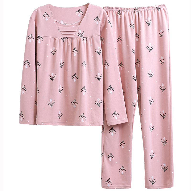 春秋季中老年中年妈妈长袖纯棉睡衣女夏老人家居服薄款加大码套装