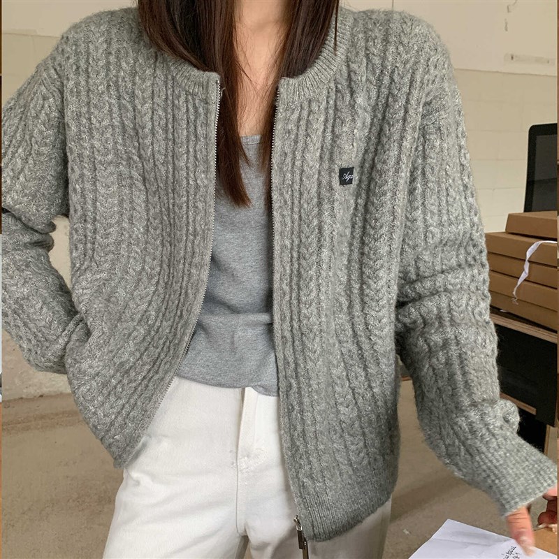 AGXS秋冬新款双拉链短款上衣简约百搭灰色针织开衫外套毛衣