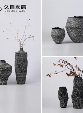 新中式黑色陶瓷复古怀旧花瓶售楼处酒店民宿客栈玄关桌面插干花器