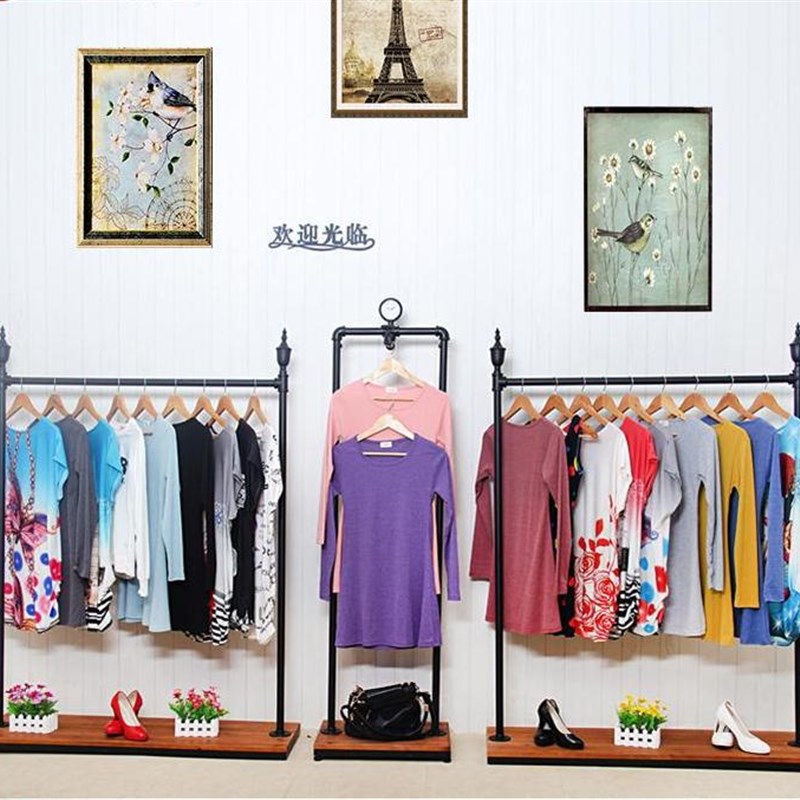 复古实木铁艺服装店展示架货架落地挂衣架陈列架中岛架衣帽架包邮