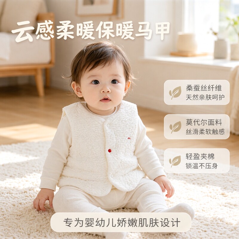 米乐熊婴儿莫代尔马甲春秋男女宝宝前开背心婴幼儿夹棉保暖小坎肩