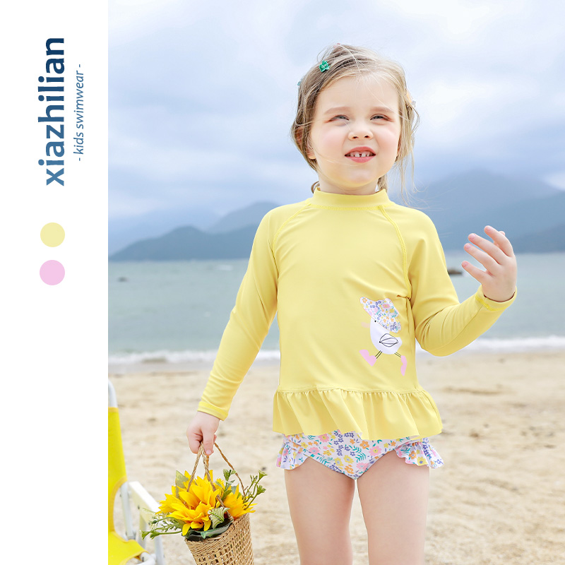 ins儿童沙滩泳衣女童防晒中小童幼童分体M长袖拉链游泳套装冲浪服