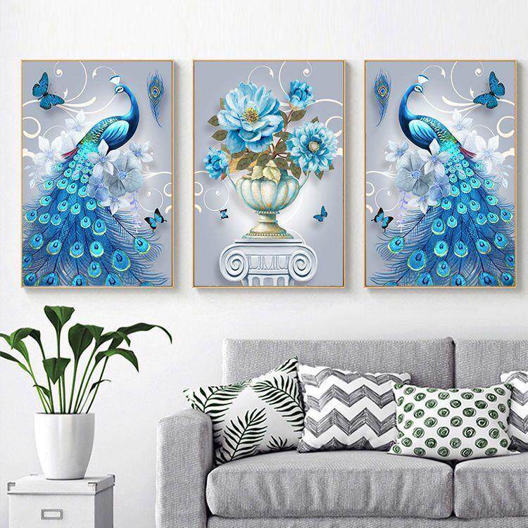 5d钻石画满钻吉祥孔雀点贴钻十字绣钻石绣2025新款客厅欧式三联画